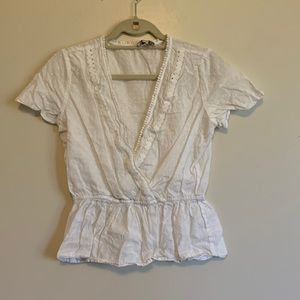 Loft White Wrap Peplum Top Embroider Details